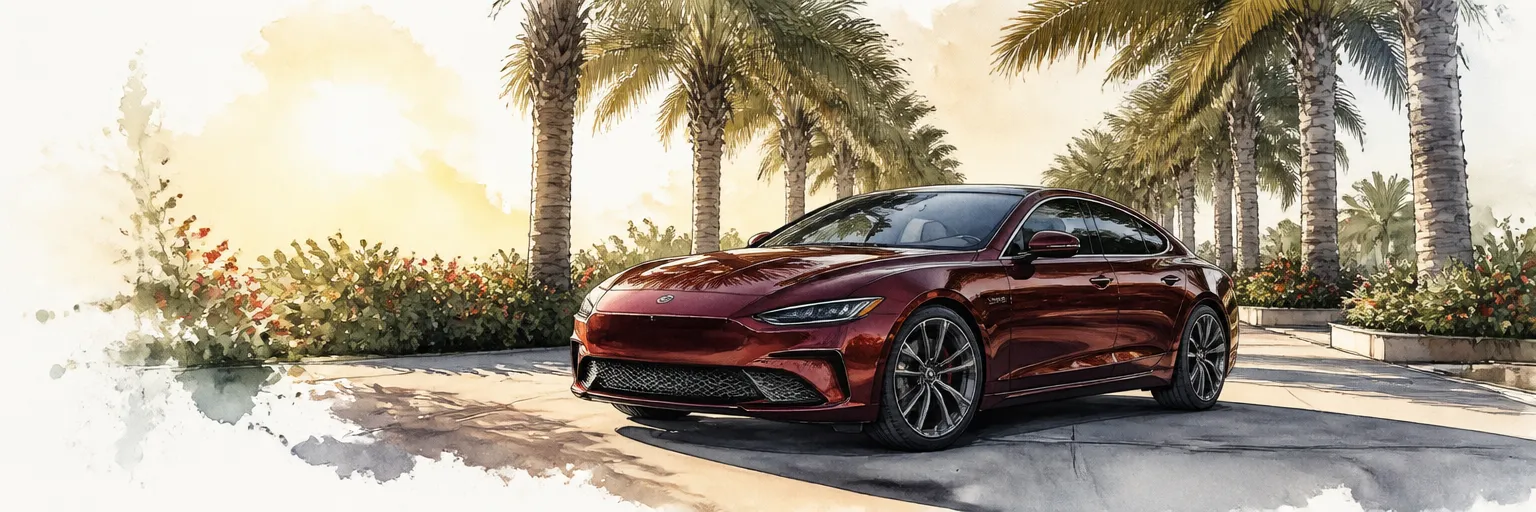 Watercolour illustration of a maroon coupe glowing warm under golden sun on a palm lined driveway.