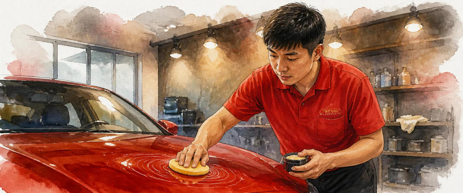 Watercolour illustration of a technician hand waxing the bonnet of a deep red car.