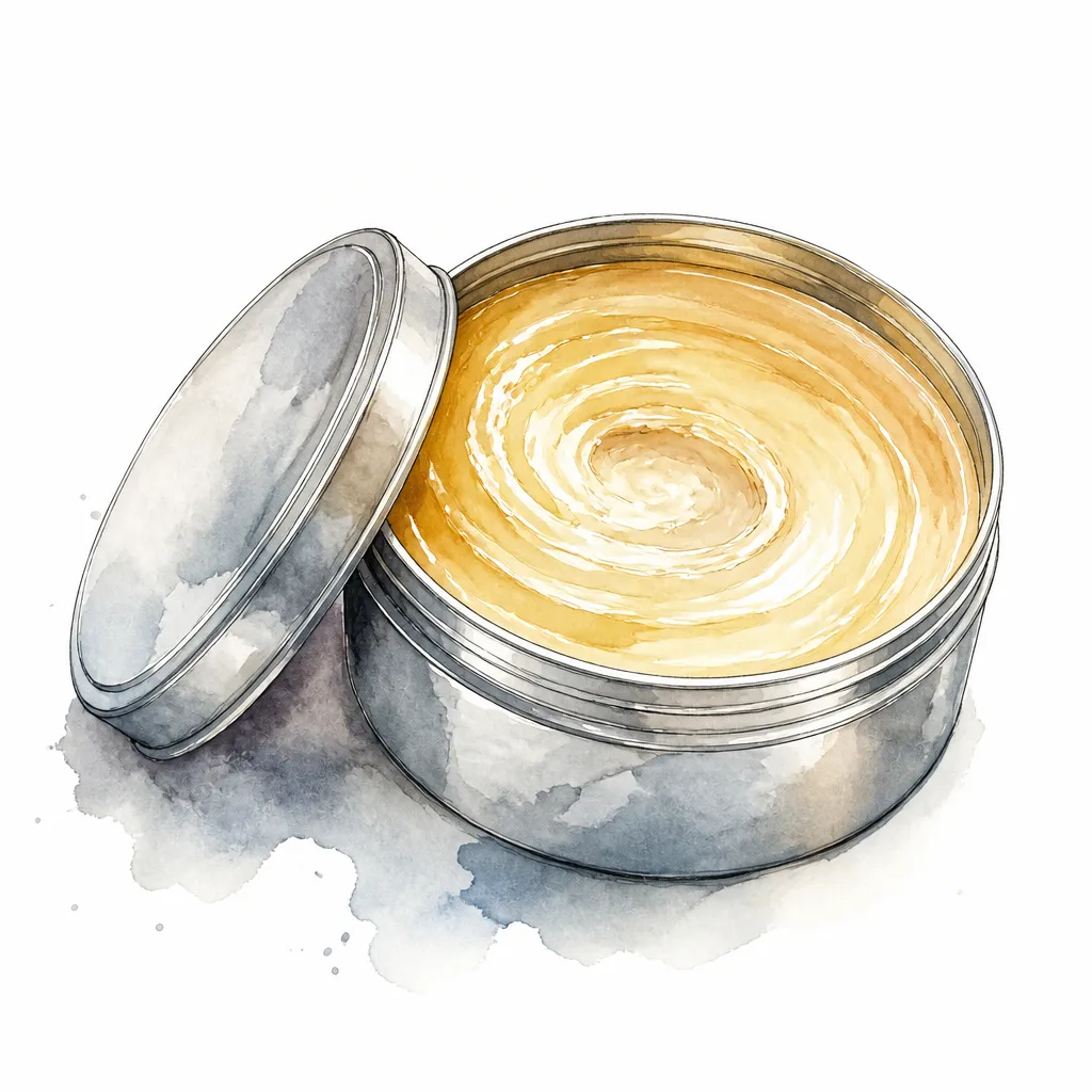 Watercolour close-up of an open tin of amber paste wax.