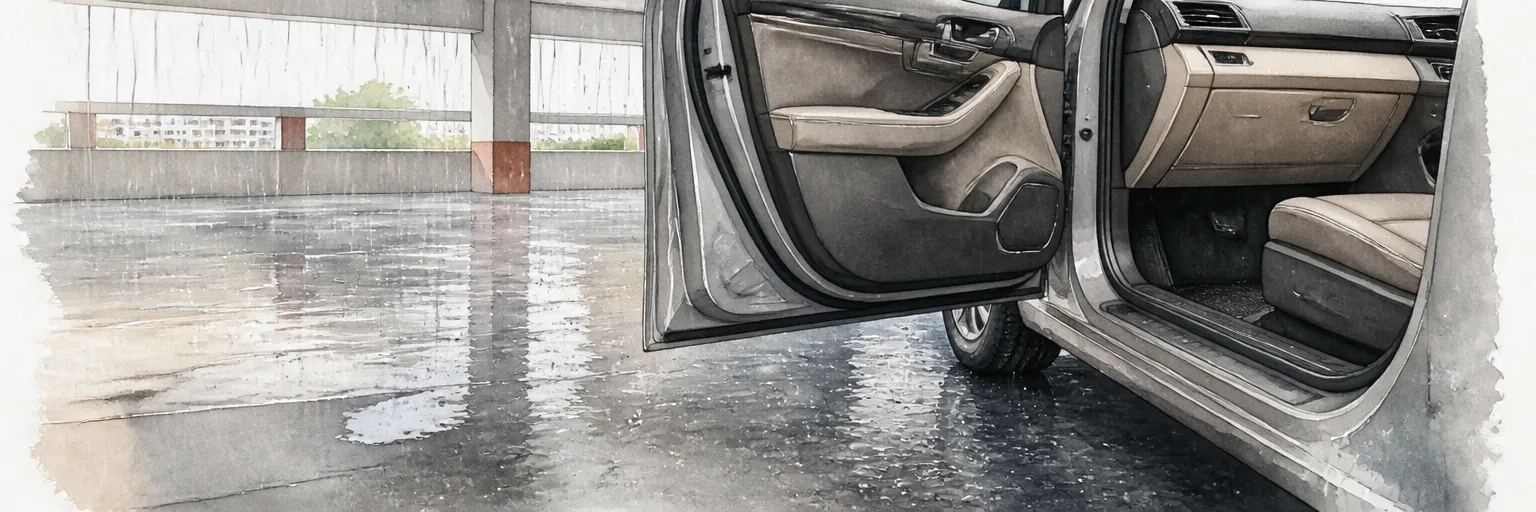 Watercolour illustration of a downpour outside an open car door in an HDB carpark.