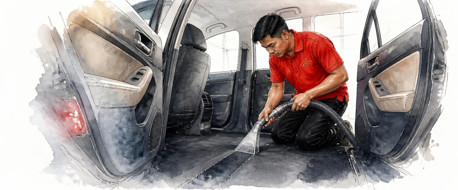 Watercolour illustration of a technician drawing an extraction wand across a car floor carpet.