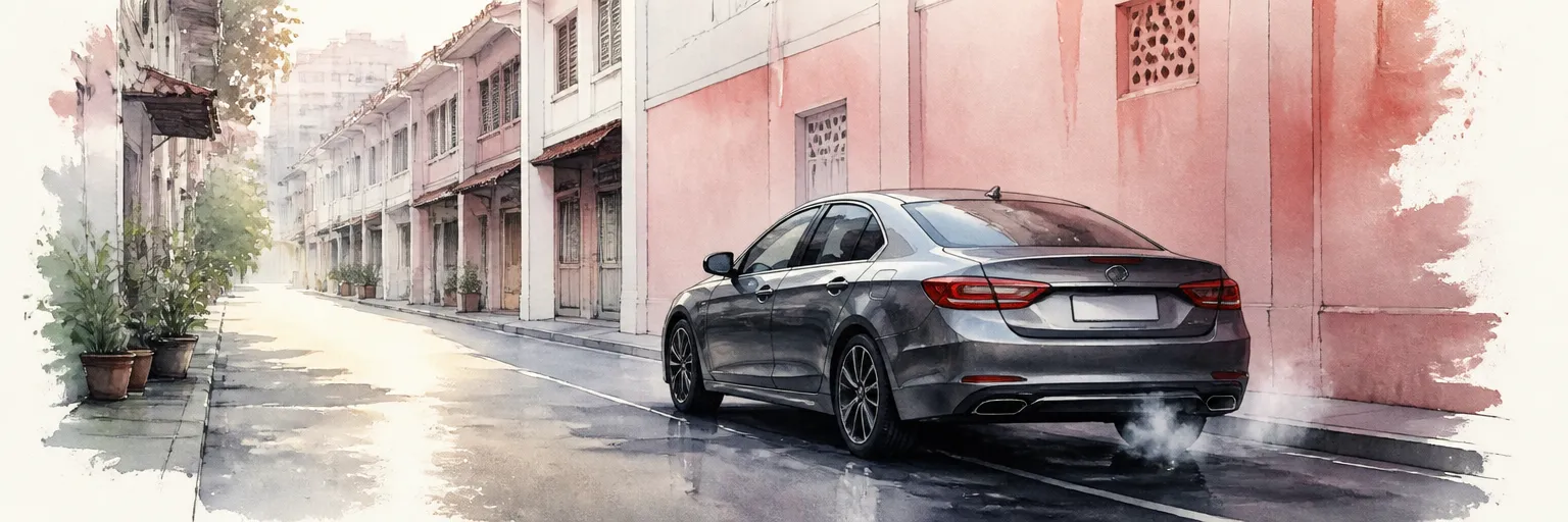 Watercolour illustration of a parked car warming up on a quiet street at first light.