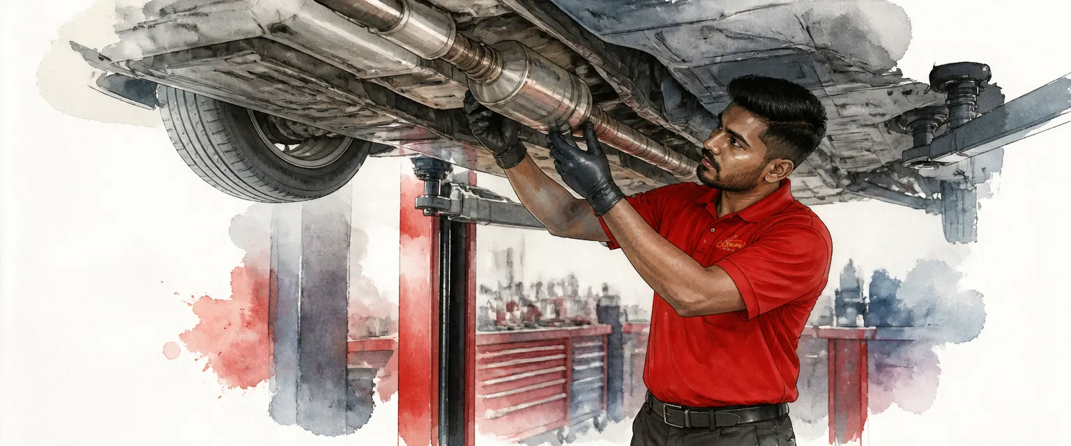Watercolour illustration of a technician inspecting the exhaust line beneath a raised car.