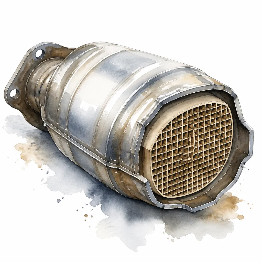 Watercolour close-up of a catalytic converter opened to show its honeycomb.