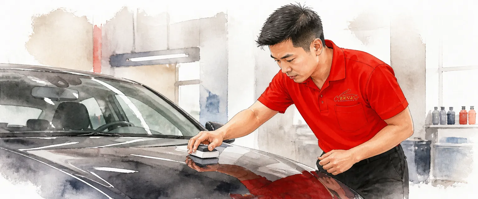 Watercolour illustration of a Revol Carz technician applying ceramic coating to a dark bonnet with an applicator pad