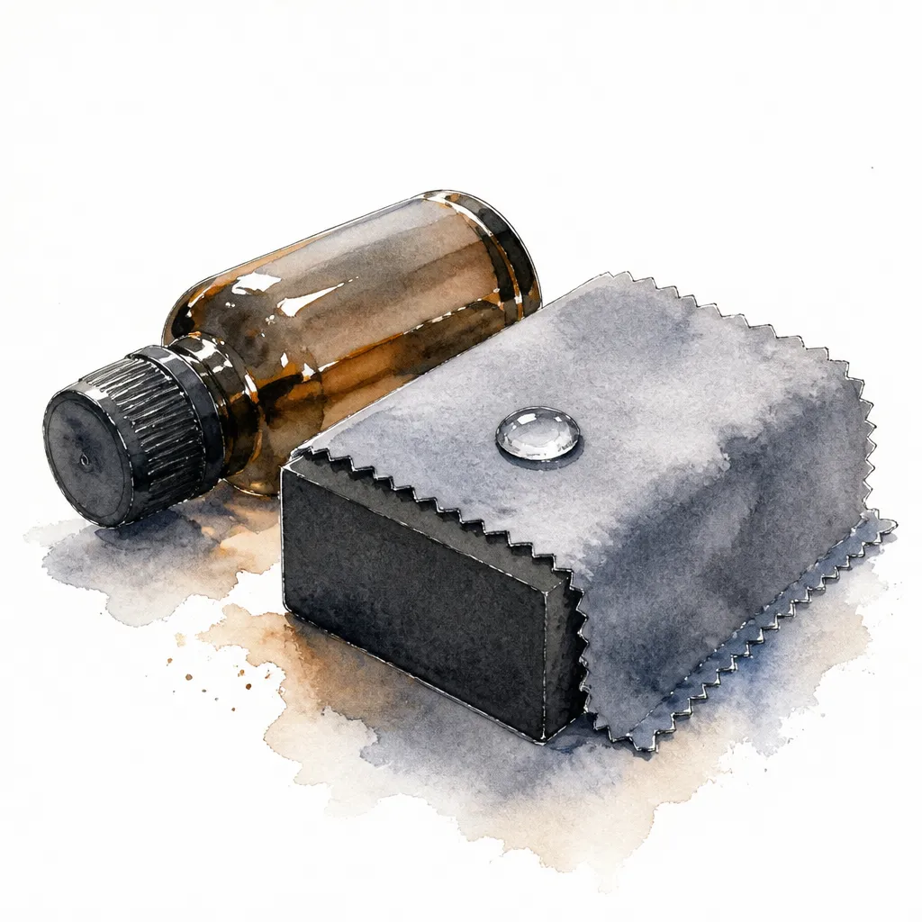 Watercolour illustration of a ceramic coating bottle beside a suede-wrapped applicator block