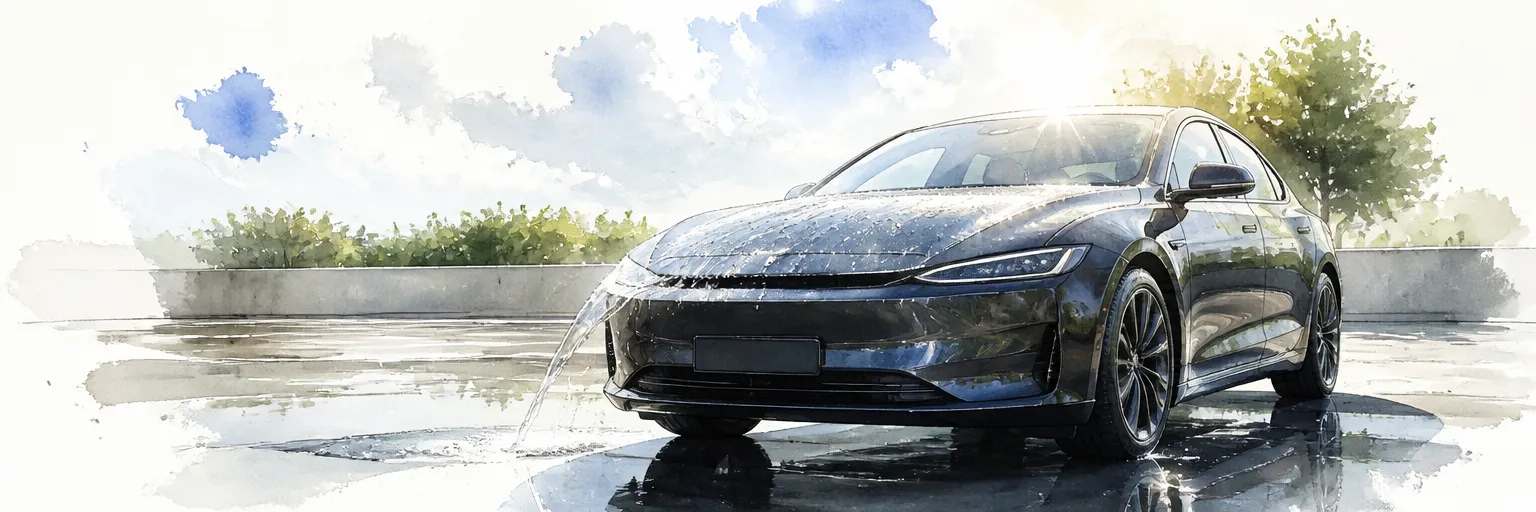 Watercolour illustration of rainwater sheeting cleanly off a glossy bonnet in bright sun.