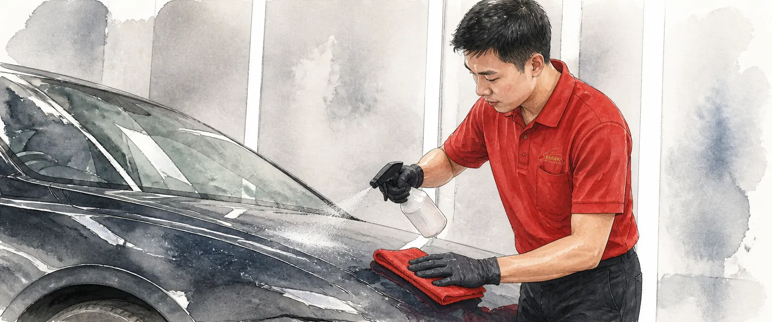 Watercolour illustration of a technician misting spray coating onto a dark wing and levelling it with a cloth.