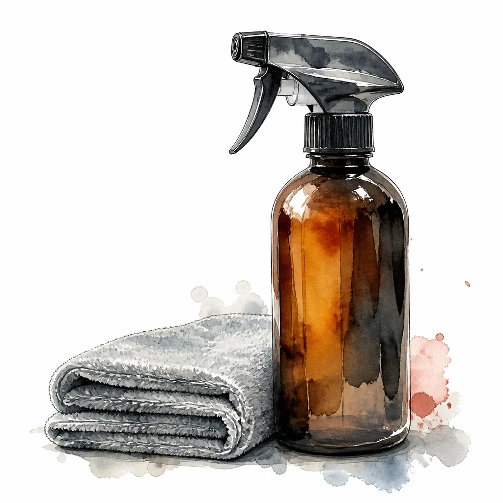 Watercolour close-up of an amber spray bottle beside a folded microfibre cloth.