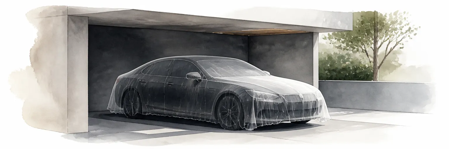 Watercolour illustration of a car resting under a thin translucent protective sheet.