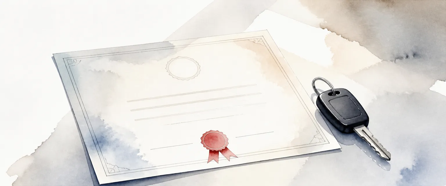 Watercolour illustration of an abstract certificate sheet beside a car key on a desk.