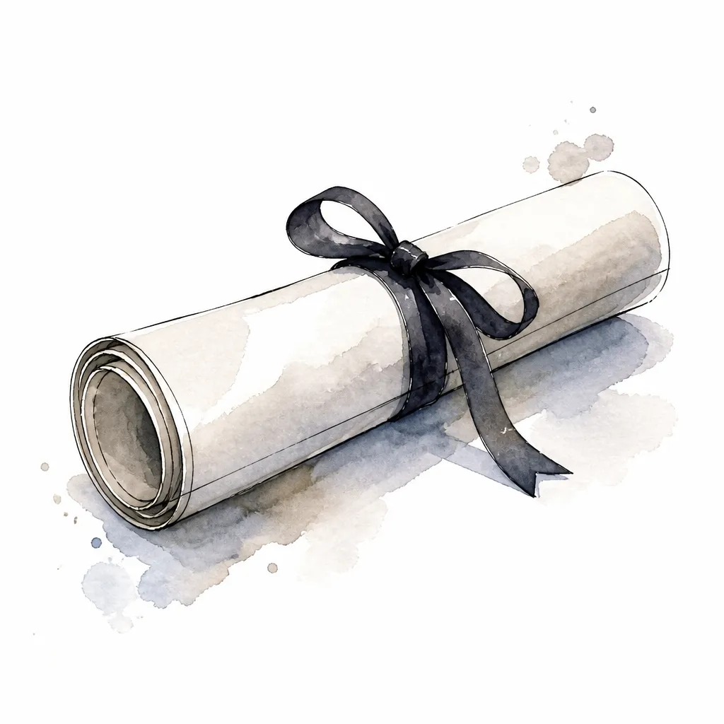 Watercolour close-up of a rolled document tied with a dark ribbon.