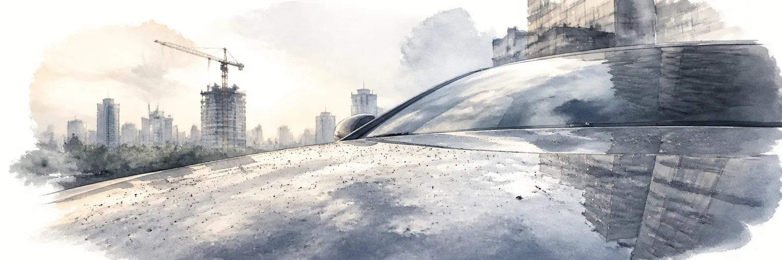 Watercolour illustration of bonded contamination specks on a car roof against a hazy city skyline