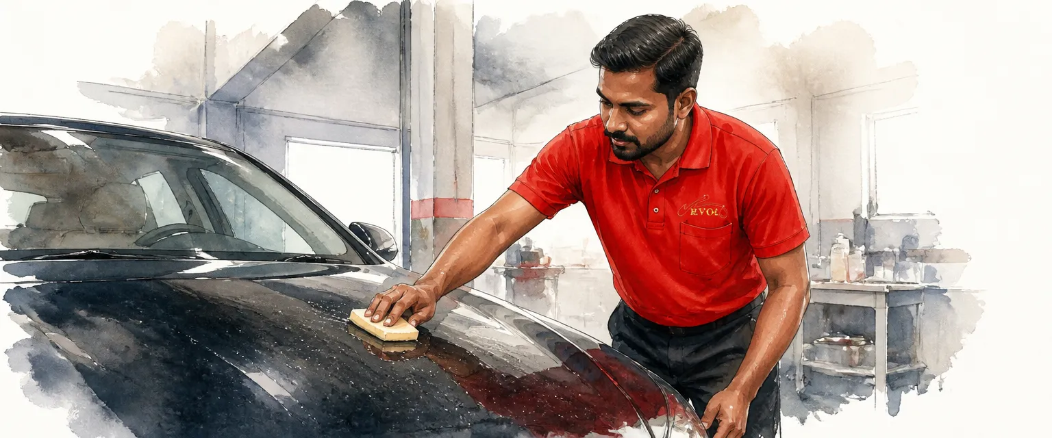Watercolour illustration of a Revol Carz technician gliding a clay bar across a lubricated dark bonnet
