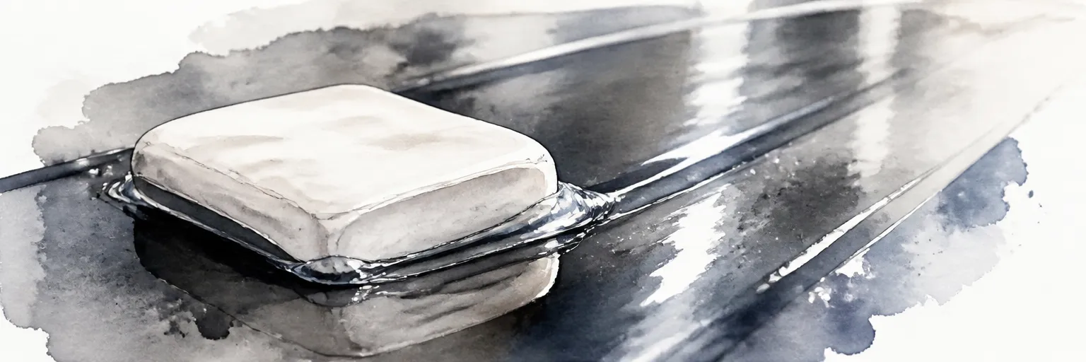 Watercolour close-up of a clay bar gliding on a slick film of lubricant across dark paint.