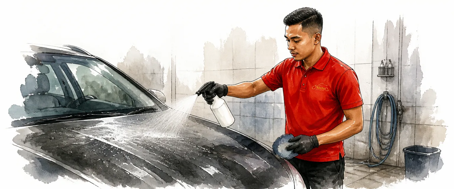 Watercolour illustration of a technician misting clay lubricant across a dark bonnet.