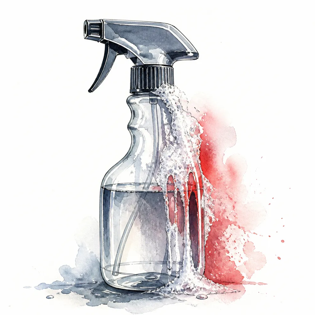 Watercolour close-up of a clear spray bottle of slick clay lubricant.