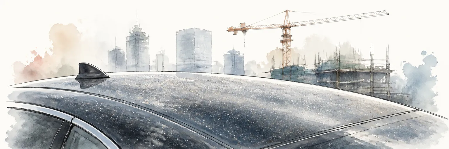 Watercolour close-up of bonded specks dulling the roof of a car parked near a construction site.