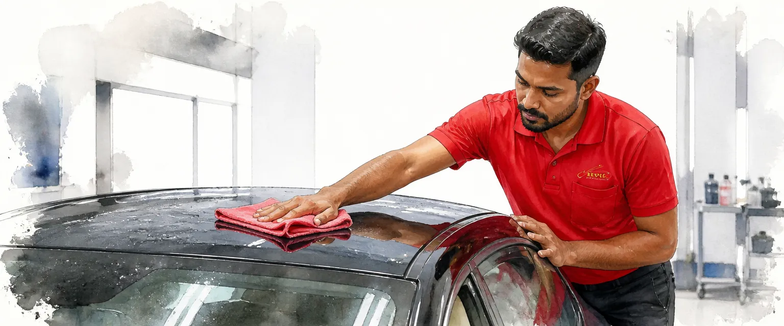Watercolour illustration of a technician sweeping a clay towel across a lubricated car roof.