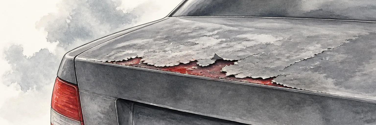 Watercolour close-up of clear coat flaking and curling off a car boot lid.