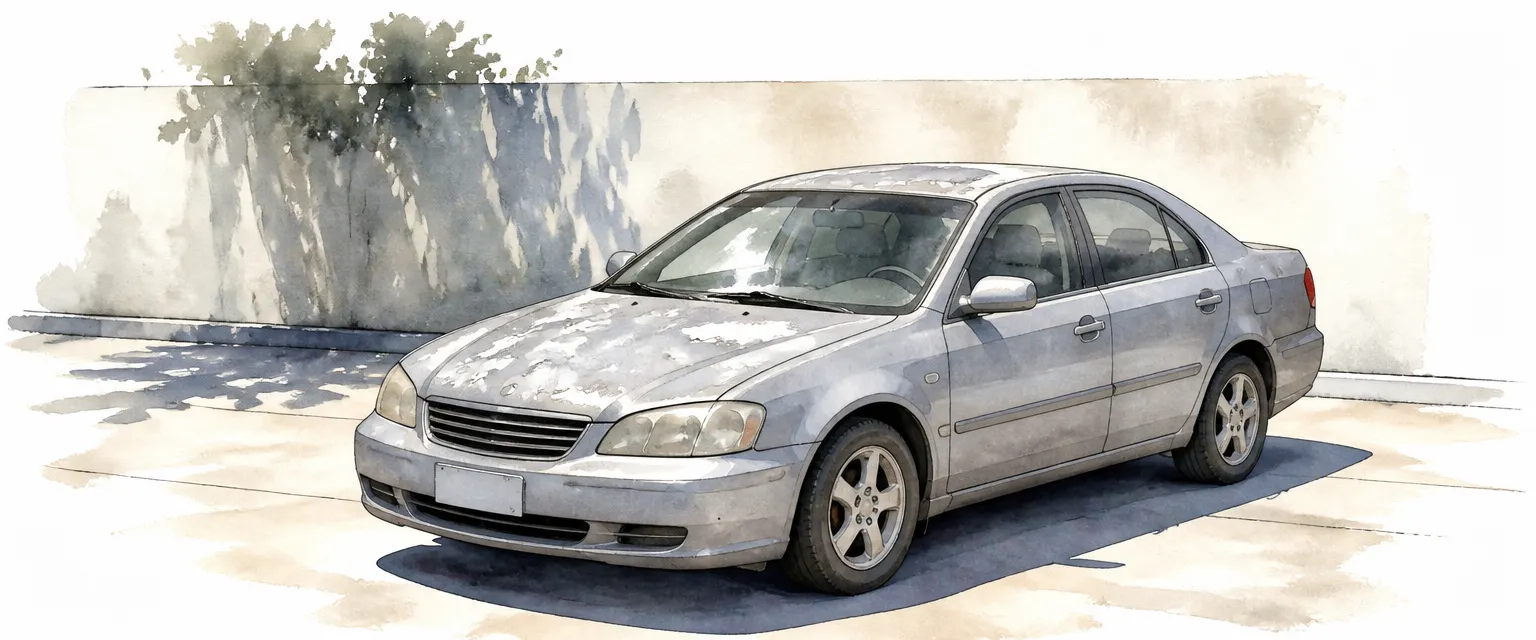 Watercolour illustration of milky failing clear coat spreading across the roof and bonnet of an older saloon.
