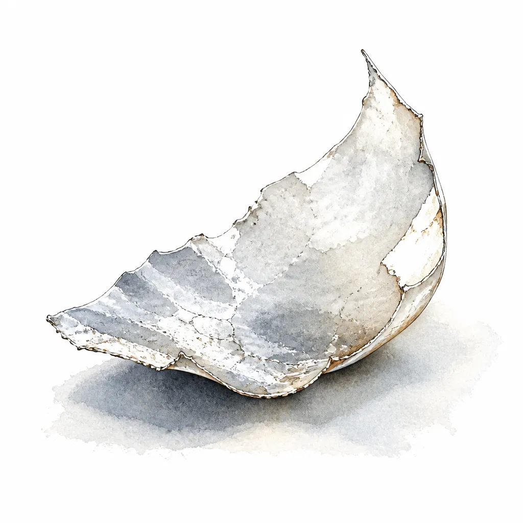 Watercolour close-up of a single curled flake of failed clear coat.