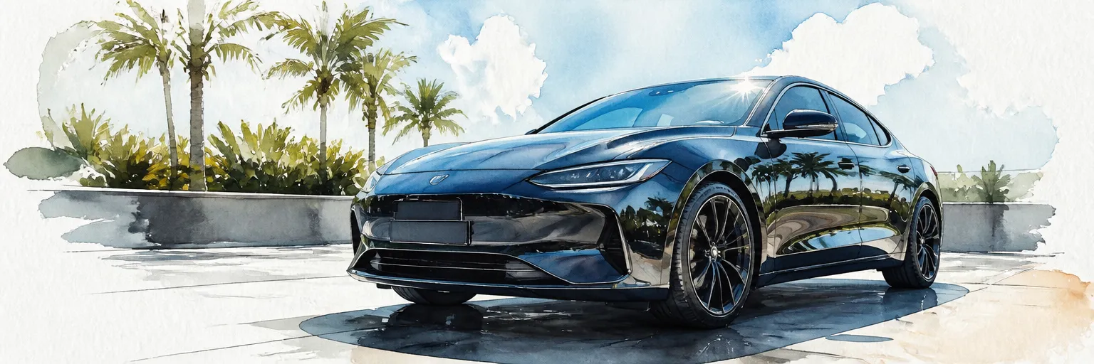 Watercolour illustration of a resprayed dark car reflecting the sky with deep factory gloss.