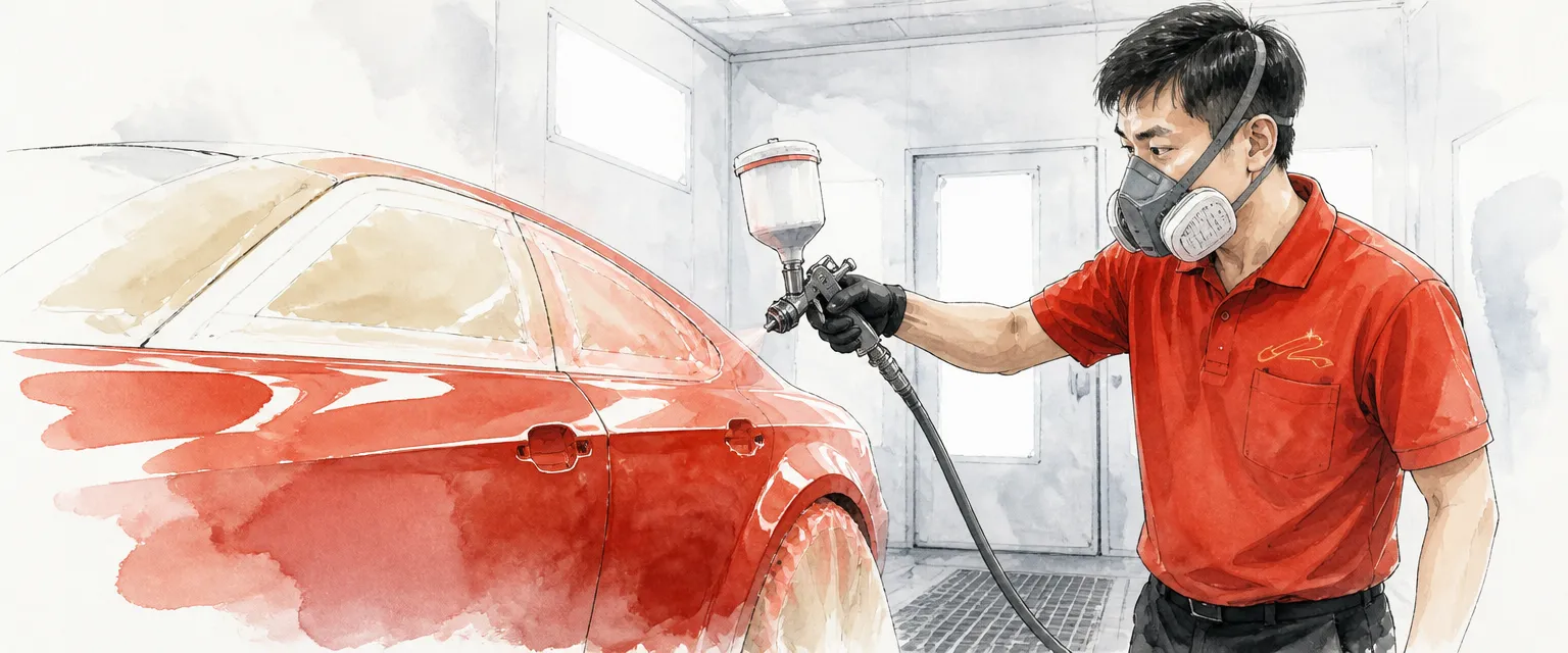 Watercolour illustration of a technician laying a glassy pass of clear over freshly painted panels.