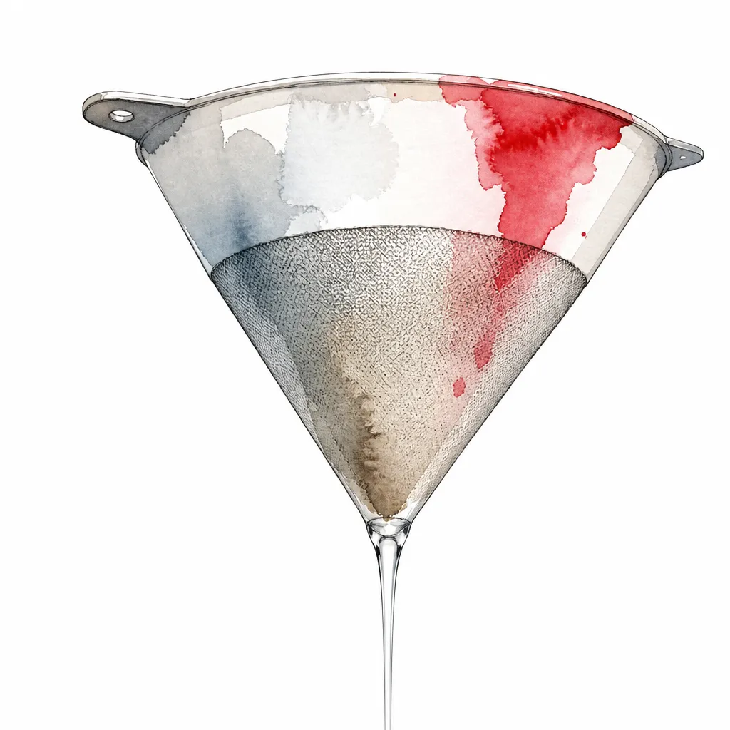 Watercolour close-up of a mesh paint strainer cone with a thread of clear lacquer.