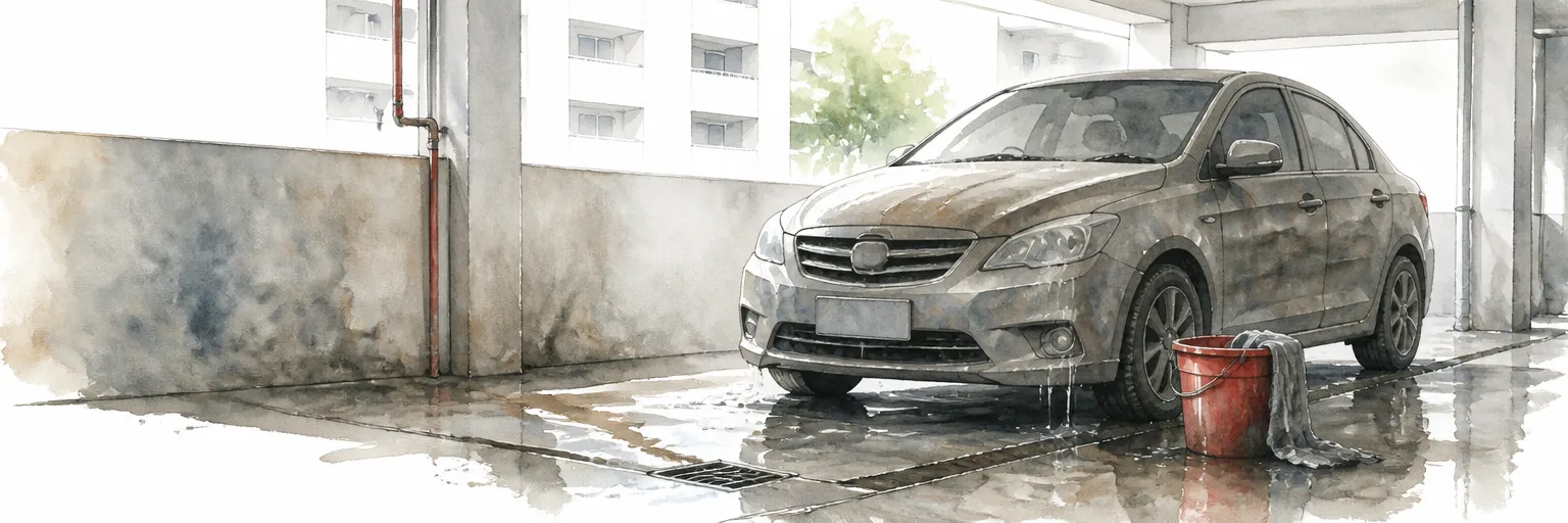 Watercolour illustration of a bucket and cloth beside a dusty car at an HDB wash corner.