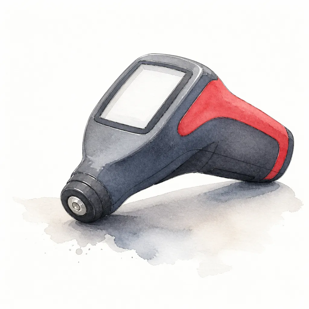 Watercolour close-up of a paint depth gauge with a blank face.