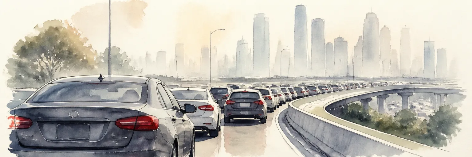 Watercolour illustration of cars creeping bumper to bumper up an expressway ramp in heat haze.