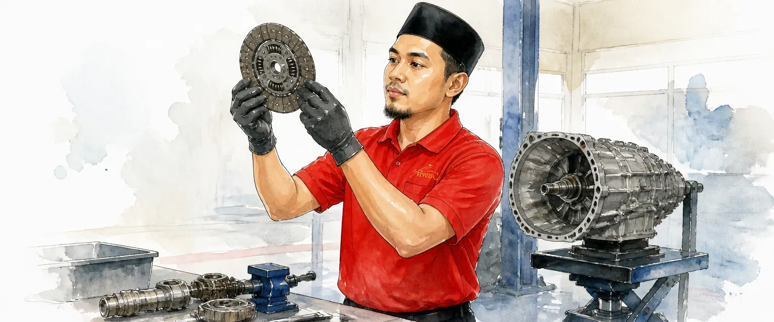 Watercolour illustration of a technician holding a clutch disc up to the light at a workbench.