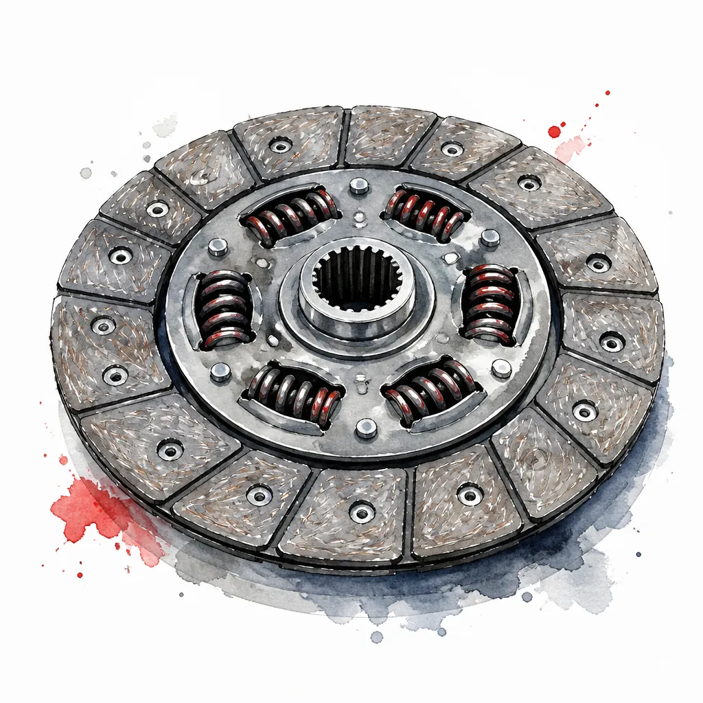 Watercolour close-up of a clutch friction disc with a splined hub.
