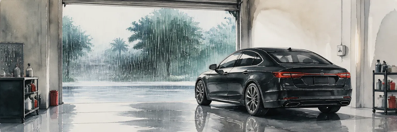 Watercolour illustration of a coated car waiting in a workshop bay while a downpour falls outside.