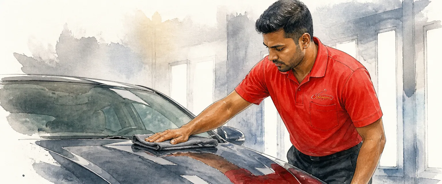 Watercolour illustration of a technician buffing a freshly applied coating with a suede cloth.