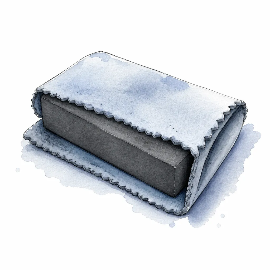 Watercolour close-up of a suede cloth folded around a foam applicator block.