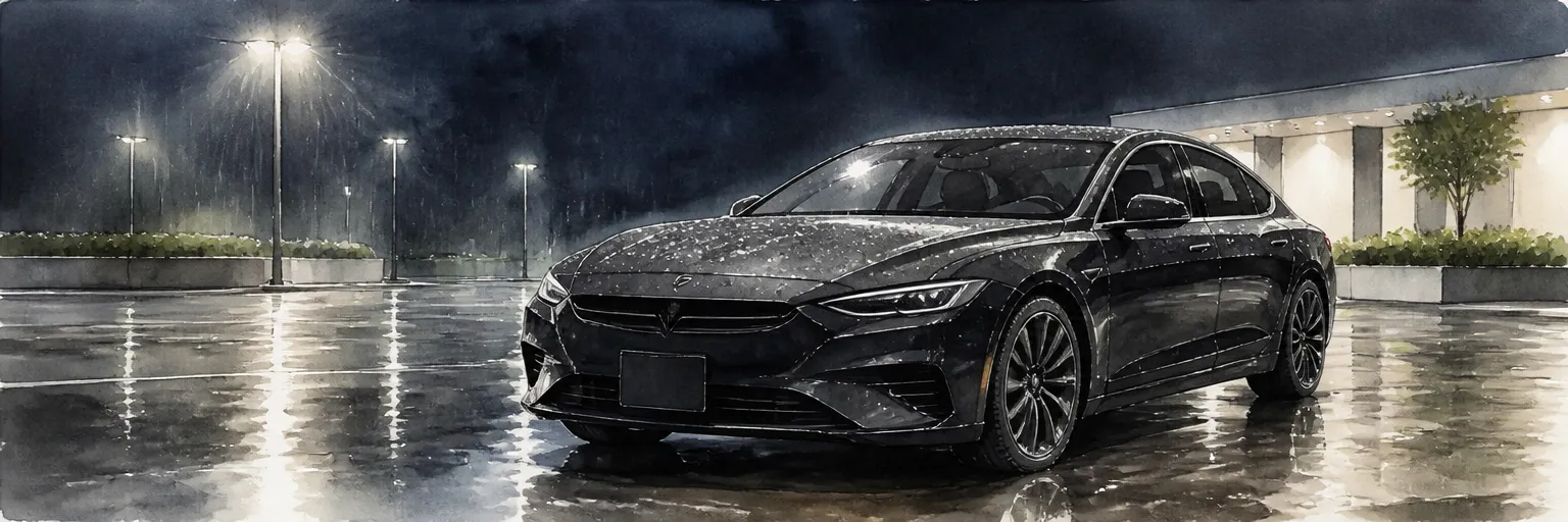 Watercolour illustration of night rain beading and rolling off a freshly coated black car.