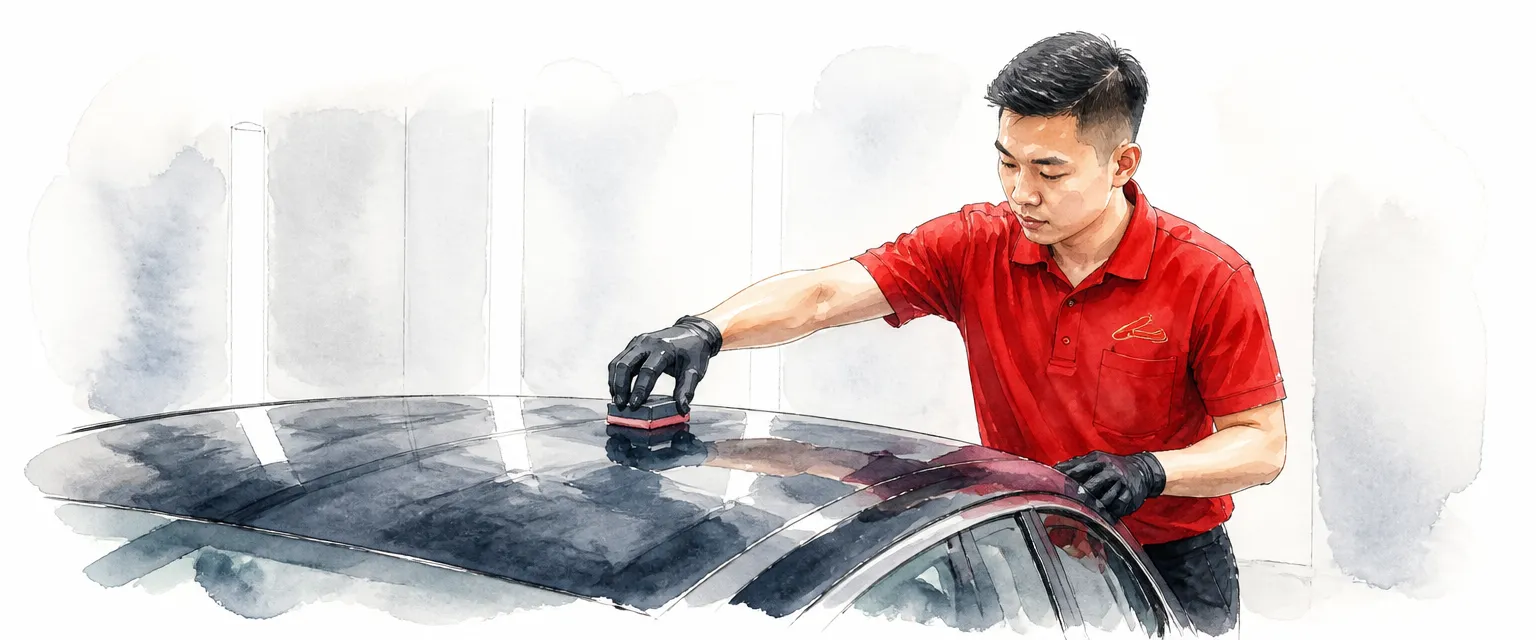 Watercolour illustration of a technician applying a coating layer in crosshatch strokes on a dark roof.