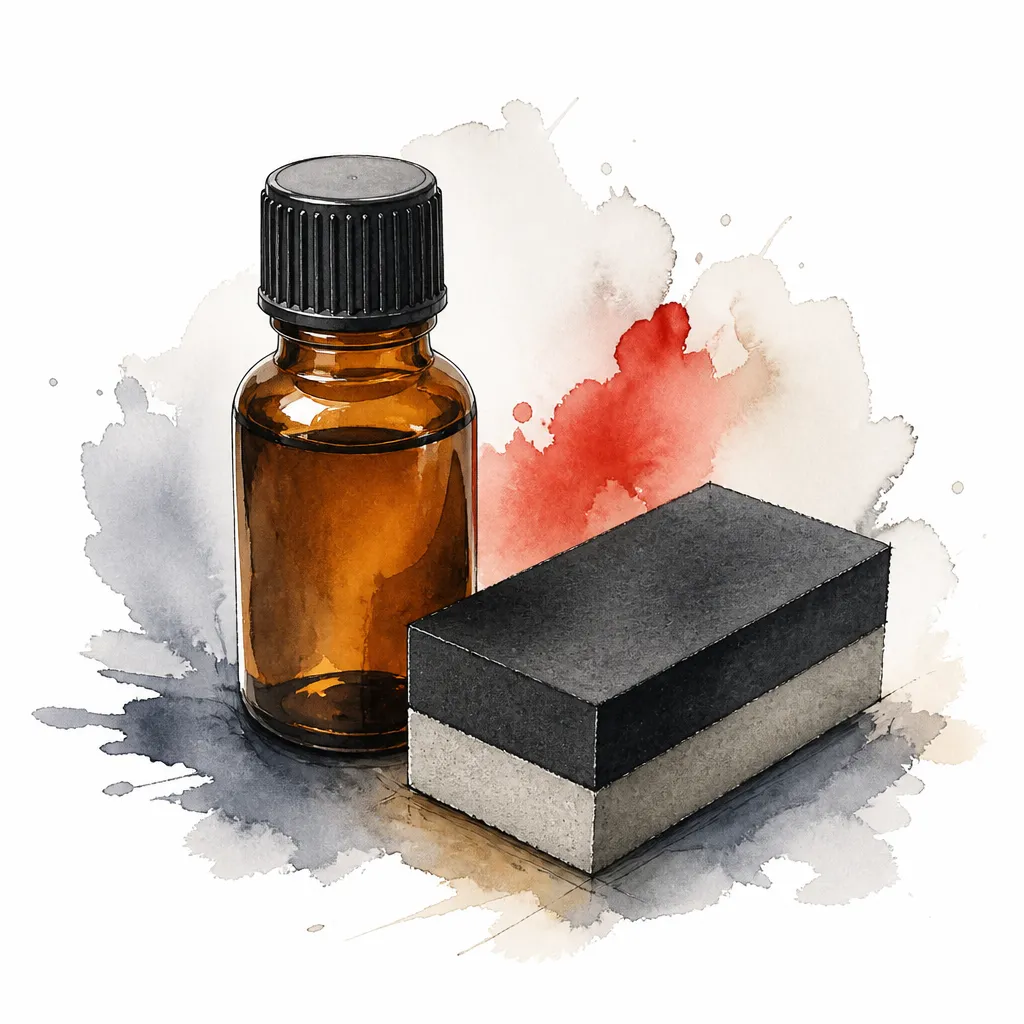 Watercolour close-up of an amber coating bottle beside a foam applicator block.