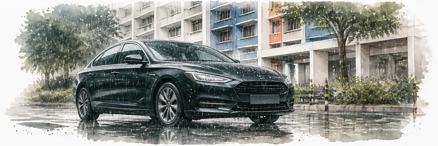 Watercolour illustration of a coated saloon holding its gloss in a heavy downpour outside an HDB block.