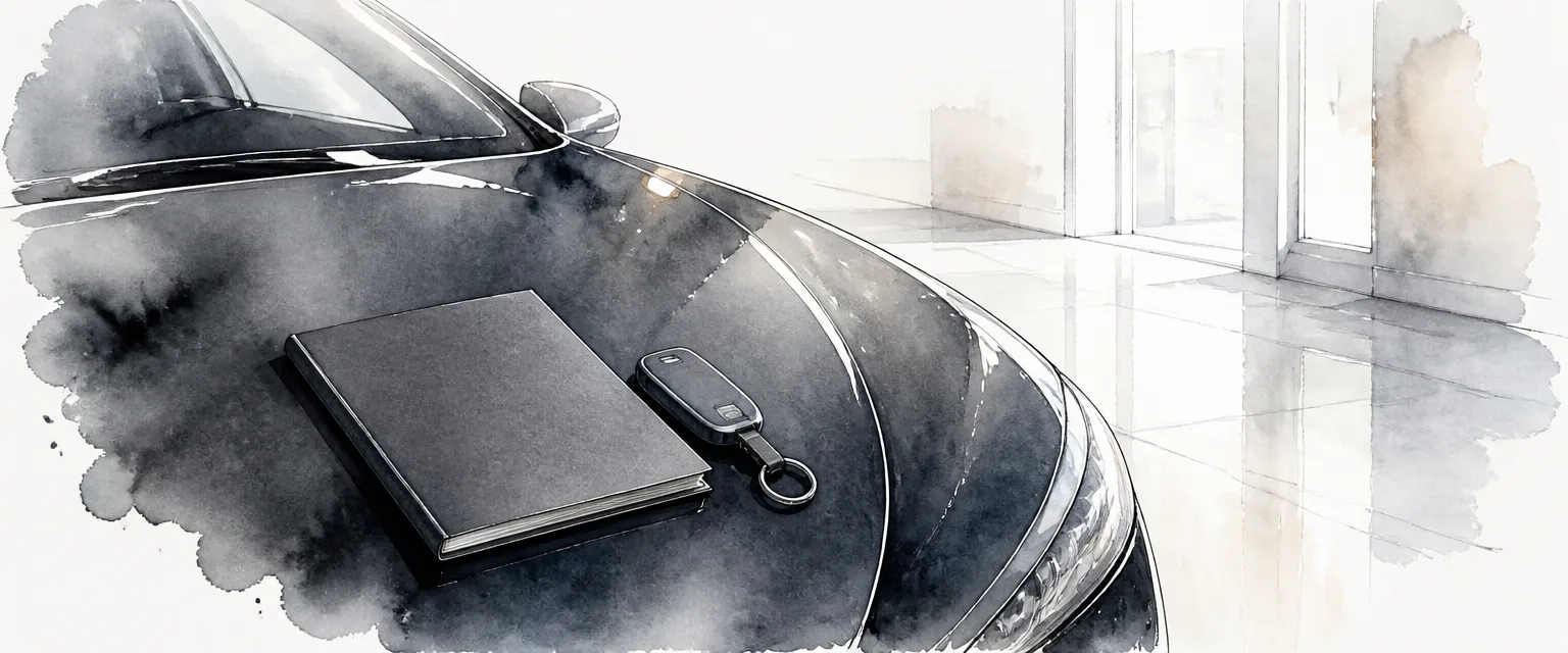 Watercolour illustration of a plain warranty booklet and car key on the bonnet of a coated car.