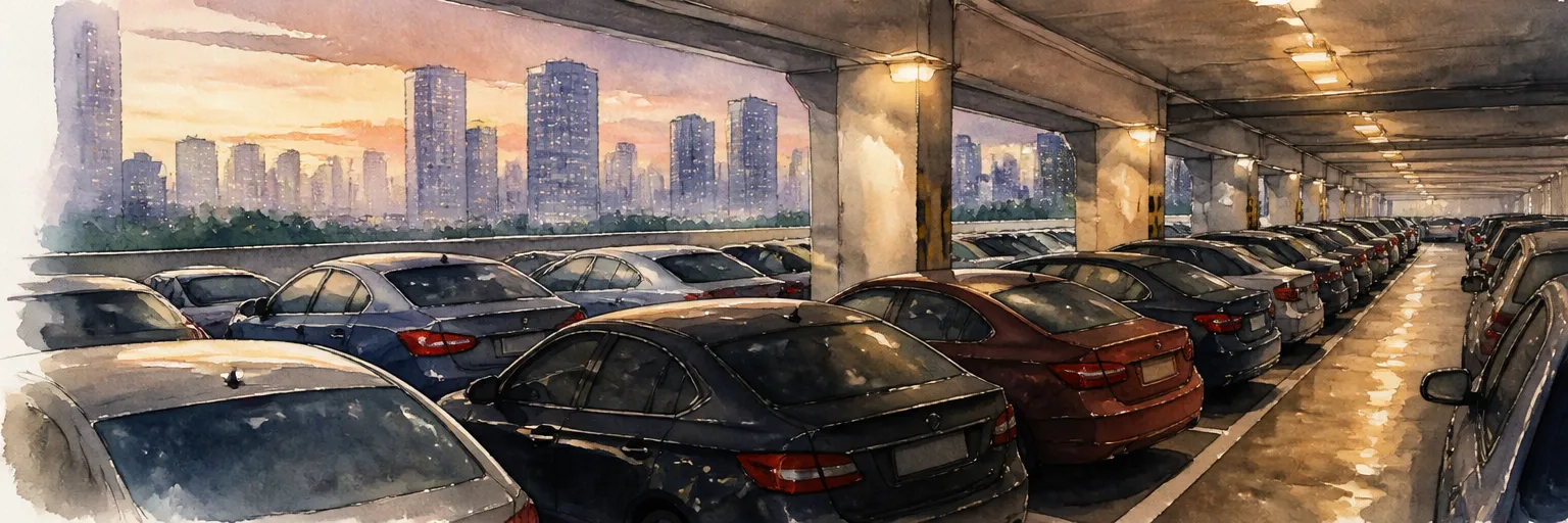 Watercolour illustration of a full multi-storey car park in Singapore at dusk, showing demand pressing against limited road space.
