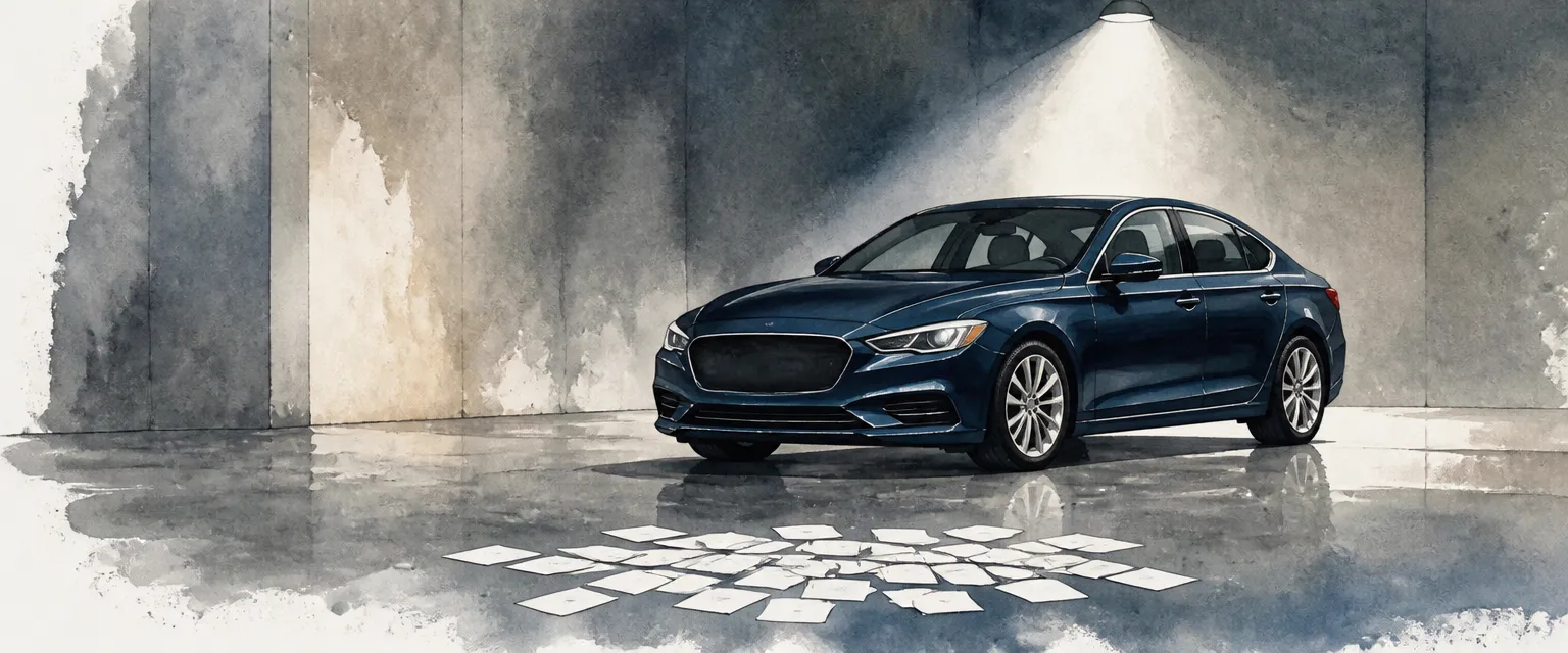 Watercolour illustration of a dark blue saloon under a spotlight with blank paper slips fanned across the floor, suggesting a car auction.