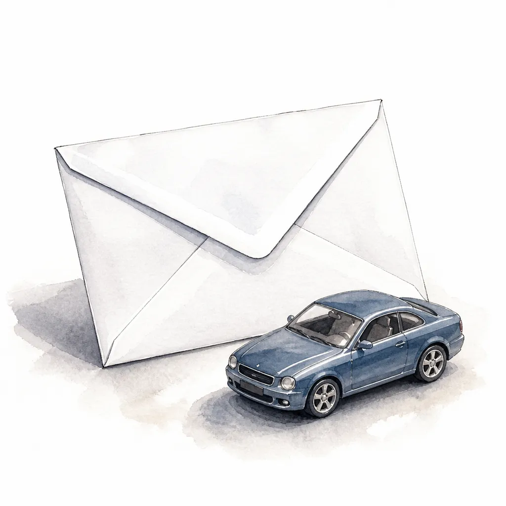 Watercolour close-up of a sealed white envelope beside a small toy car, symbolising a sealed bid.