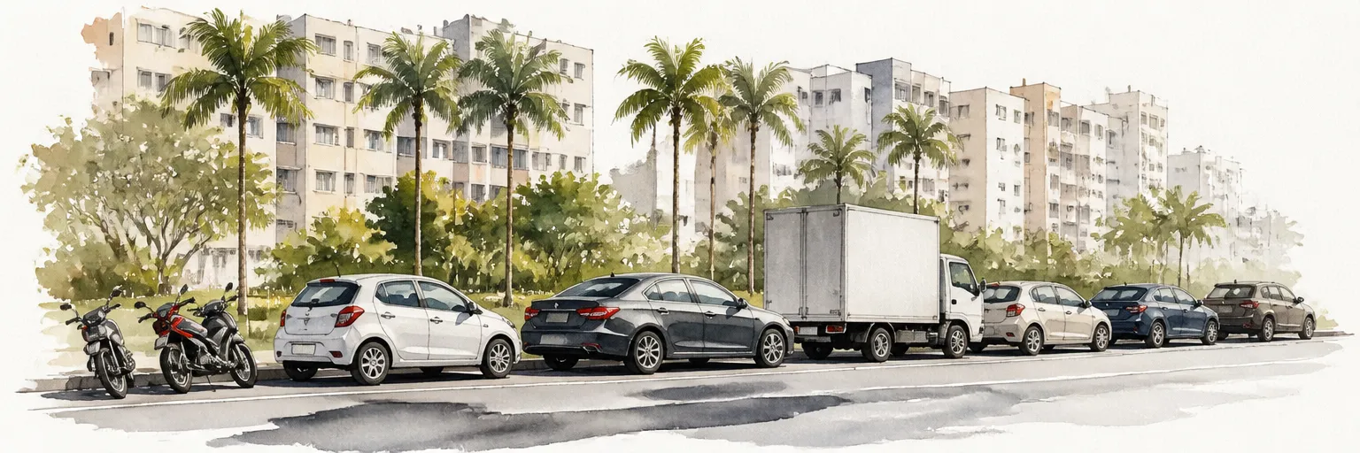 Watercolour illustration of hatchbacks, saloons, a lorry, and motorcycles parked along a palm-lined Singapore road.