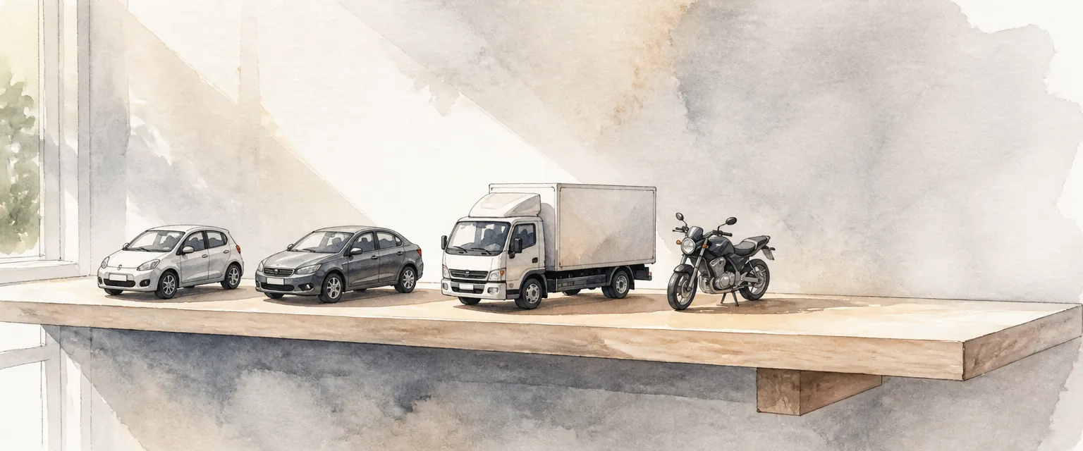 Watercolour illustration of five toy vehicles in a row on a shelf with one empty space, representing the vehicle categories.