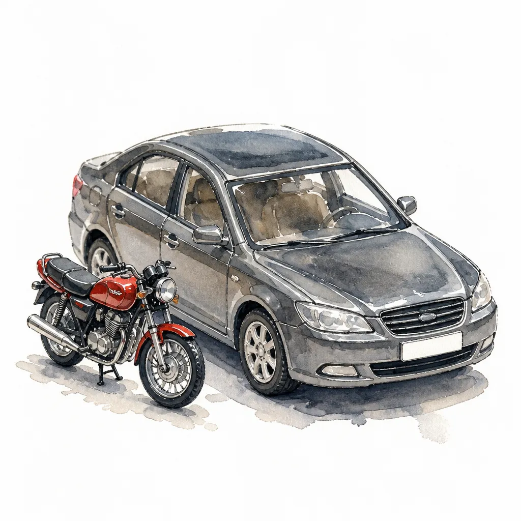 Watercolour close-up of a toy motorcycle beside a larger toy saloon car.