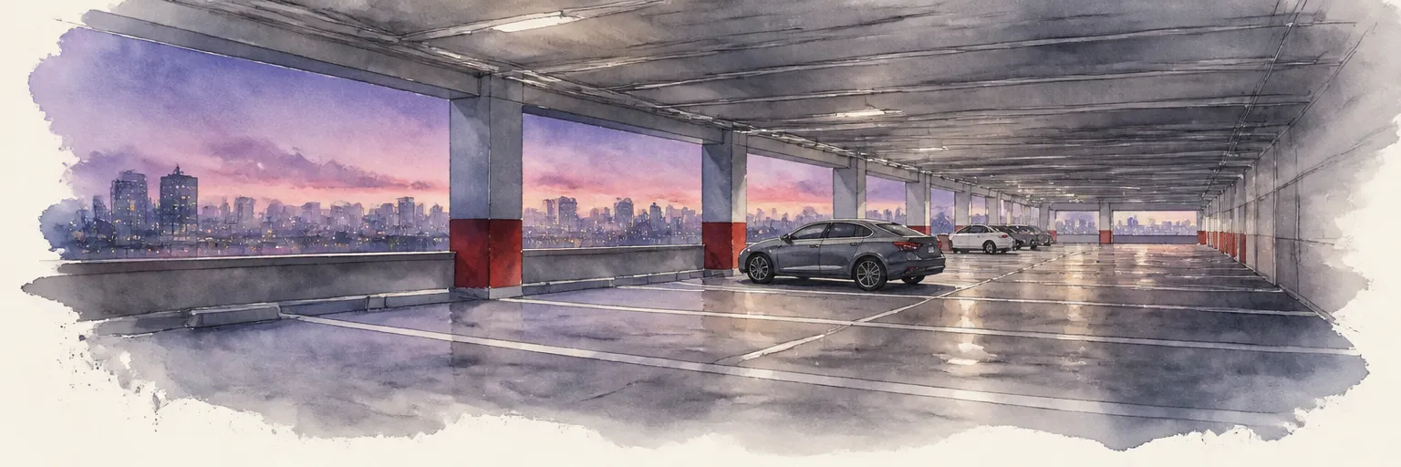 Watercolour illustration of a mostly empty Singapore multi-storey car park at evening, suggesting supply loosening.