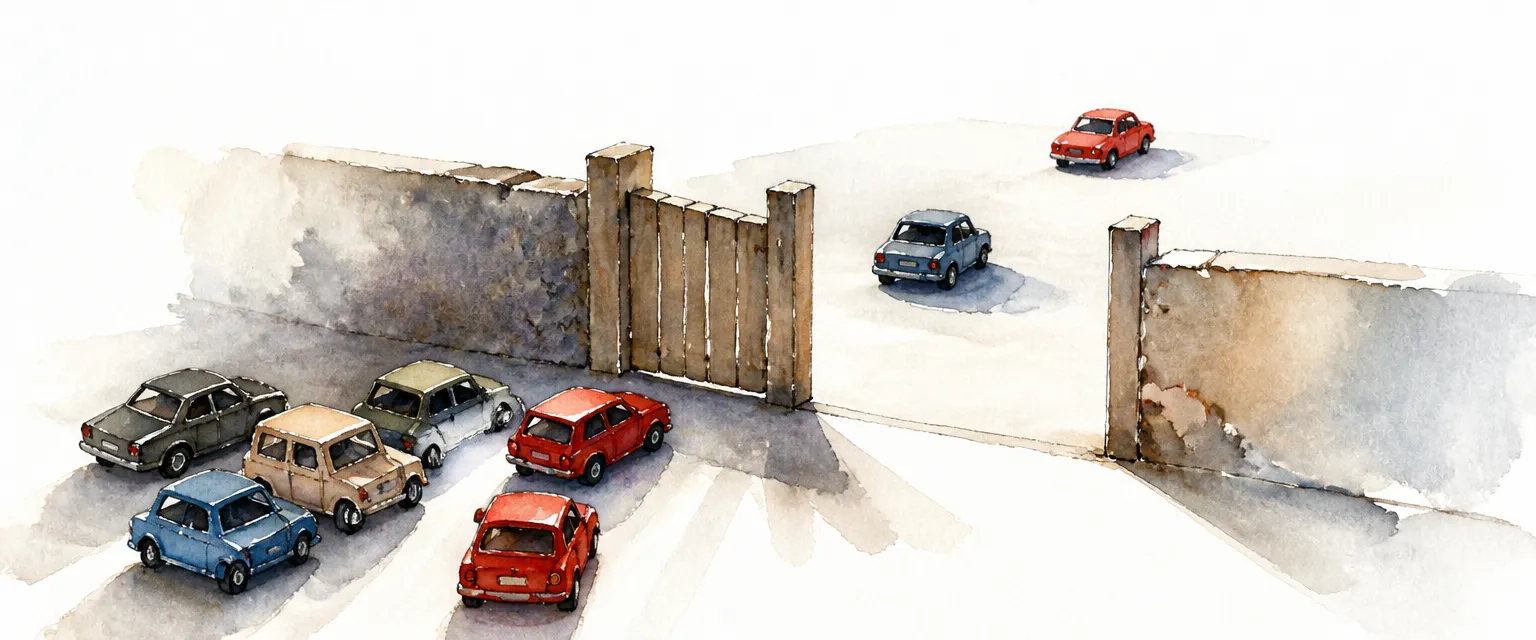 Watercolour illustration of toy cars gathered before a narrow gate on a tabletop with only a few let through, symbolising a fixed quota.